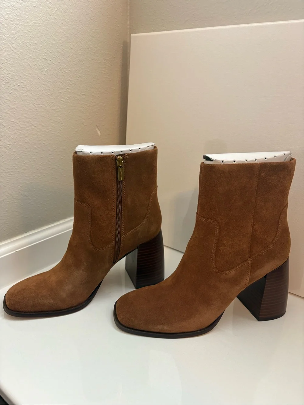Vince Camuto Chestnut Suede Block Heel Ankle Boots